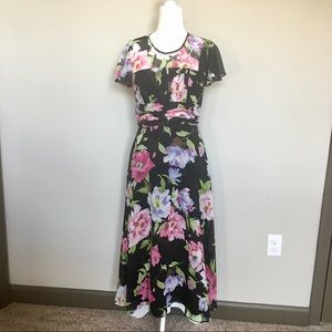 90’s Bahari Sz 10 Black Pink Floral Maxi Dress
